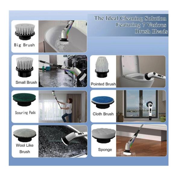 Electric Spin Scrubber Cordless Cleaning Brush 7 Brush Heads 3 Speeds 120Mins - Picture 2 of 7